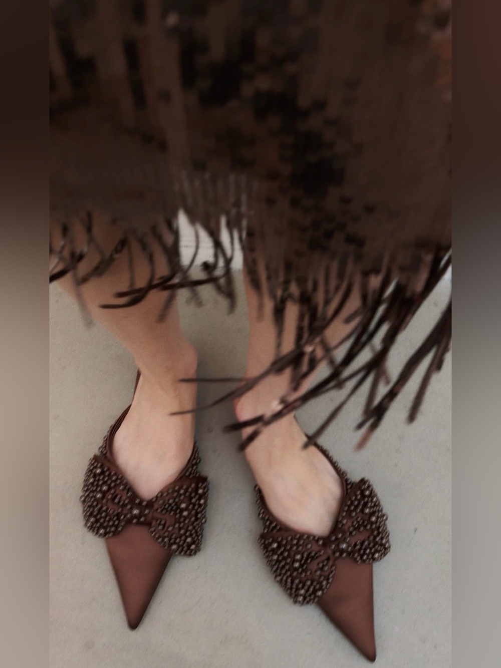 H&M Satin Embellished Brown Beaded Bow Pointed Toe Mules Flats (39)